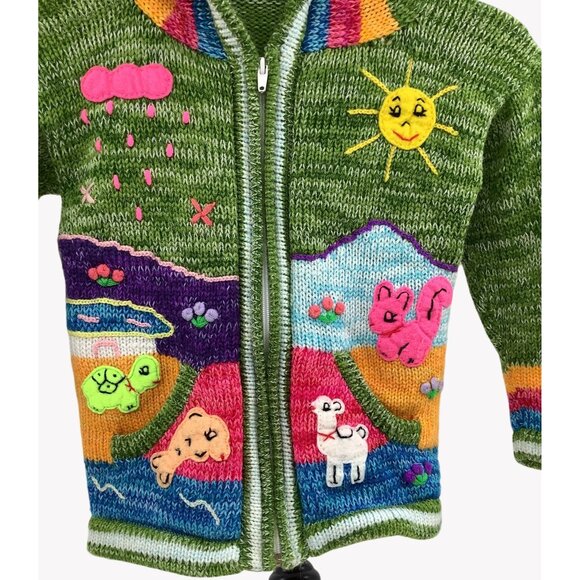 Handmade Peruvian Kids Wool Sweater Colorful Animal Embroidery & Hood Size 8 - Picture 2 of 5